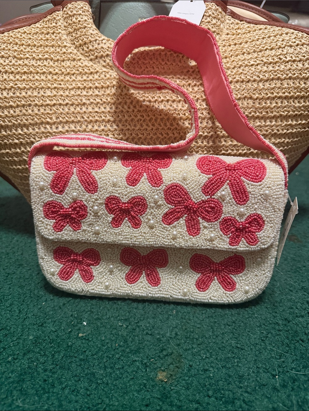 Francesca’s Beaded Cream Shoulder Bag with Pink Bow Accents